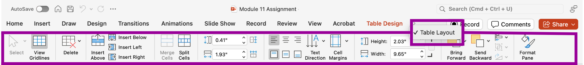 PowerPoint screenshot table Layout tab.