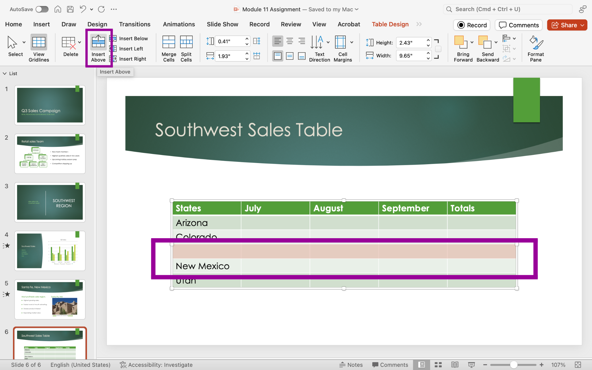PowerPoint screenshot table Layout tab, Rows & Columns group, table insert options.
