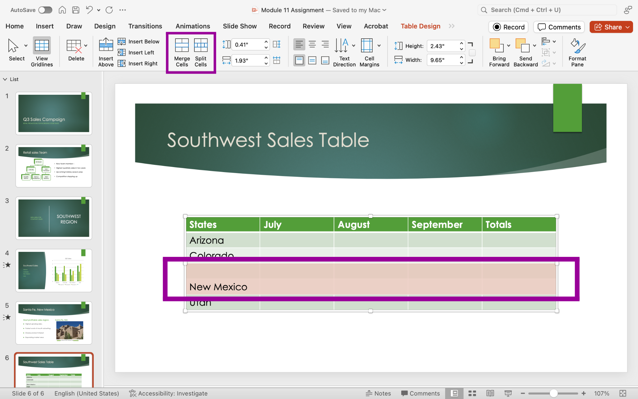 PowerPoint screenshot table Layout tab, Merge group, merge or split cell options.