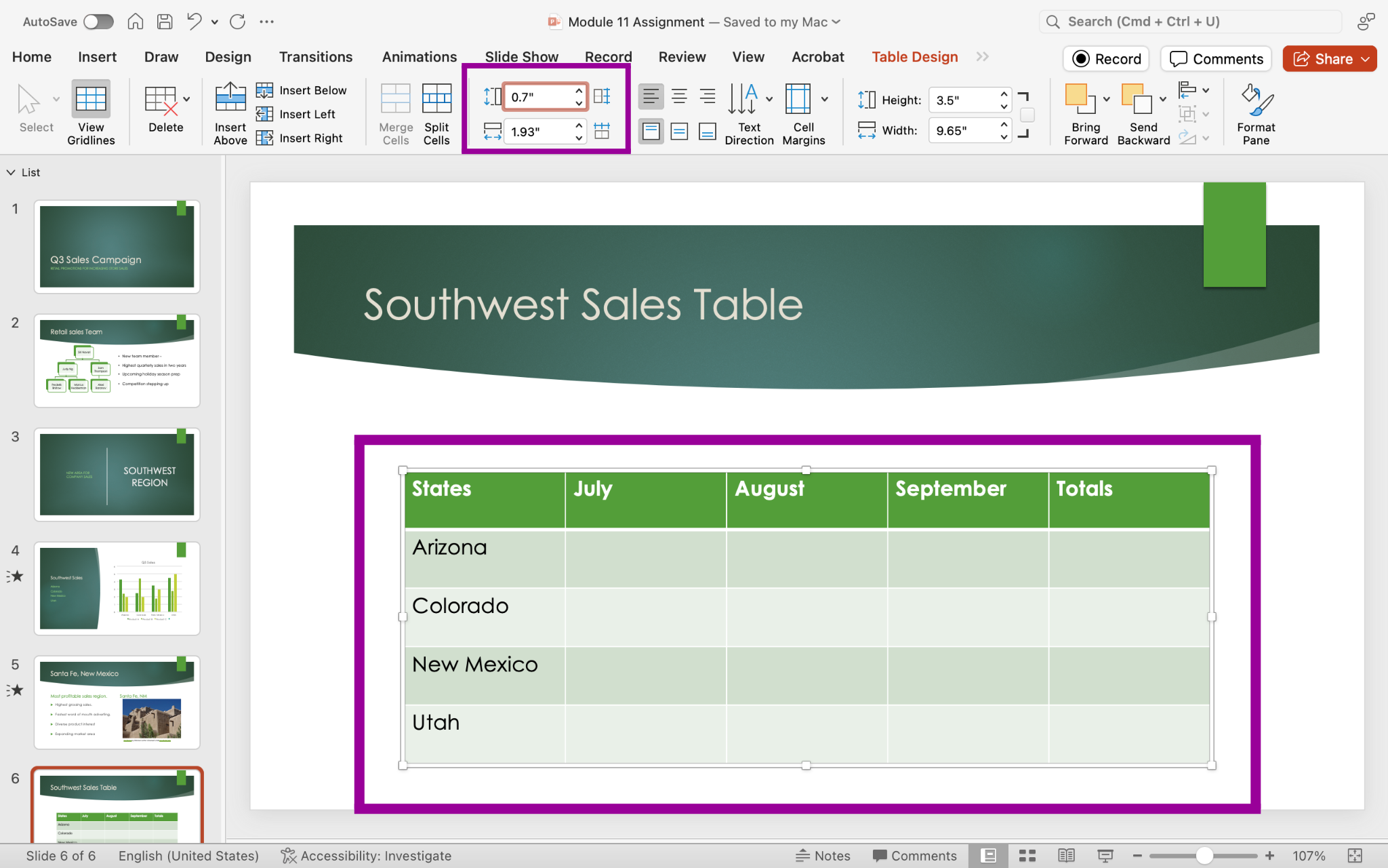 PowerPoint screenshot table Layout tab, Cell size group, cell sizing options.