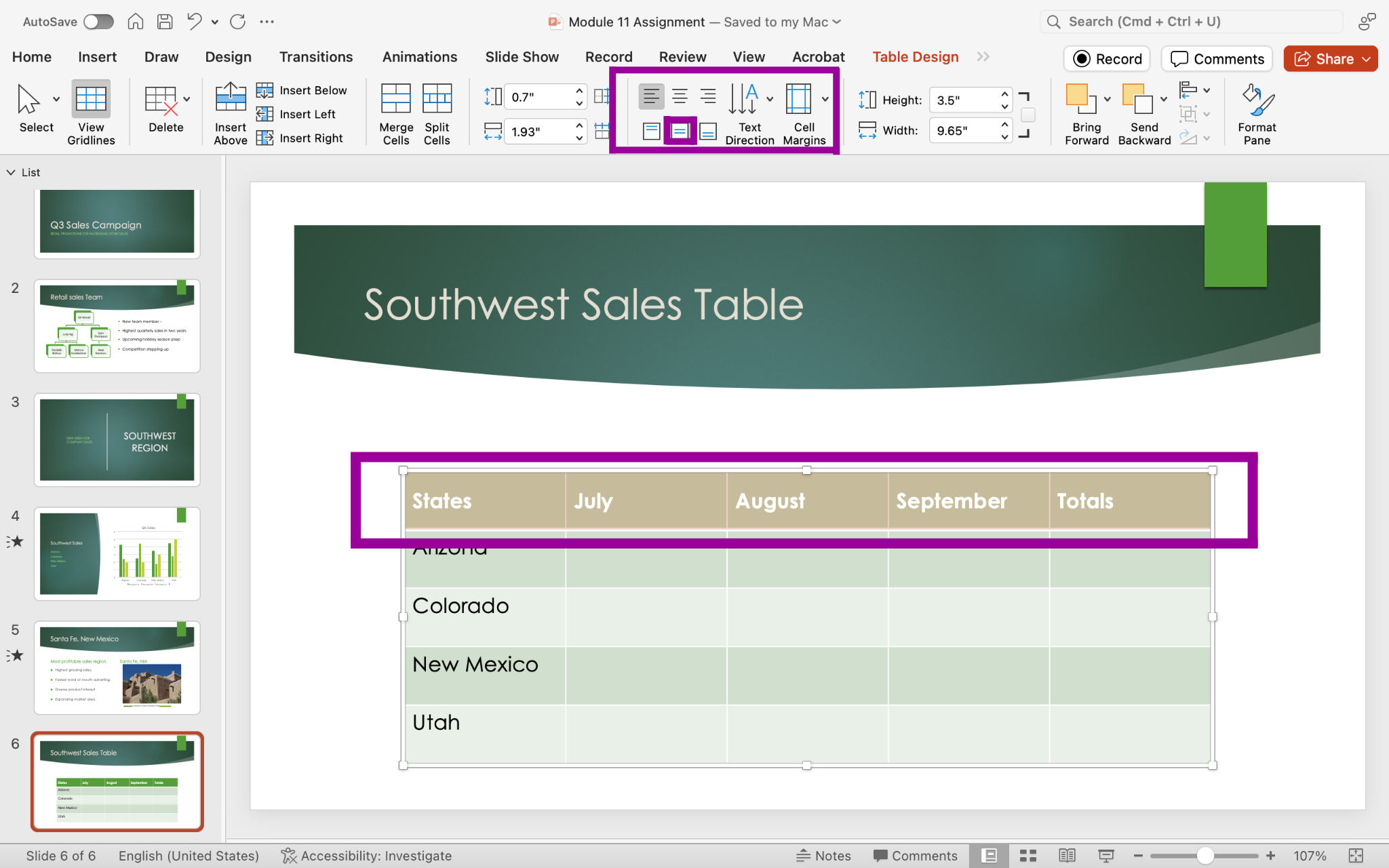 PowerPoint screenshot table Layout tab, Merge group, Alignment group options.