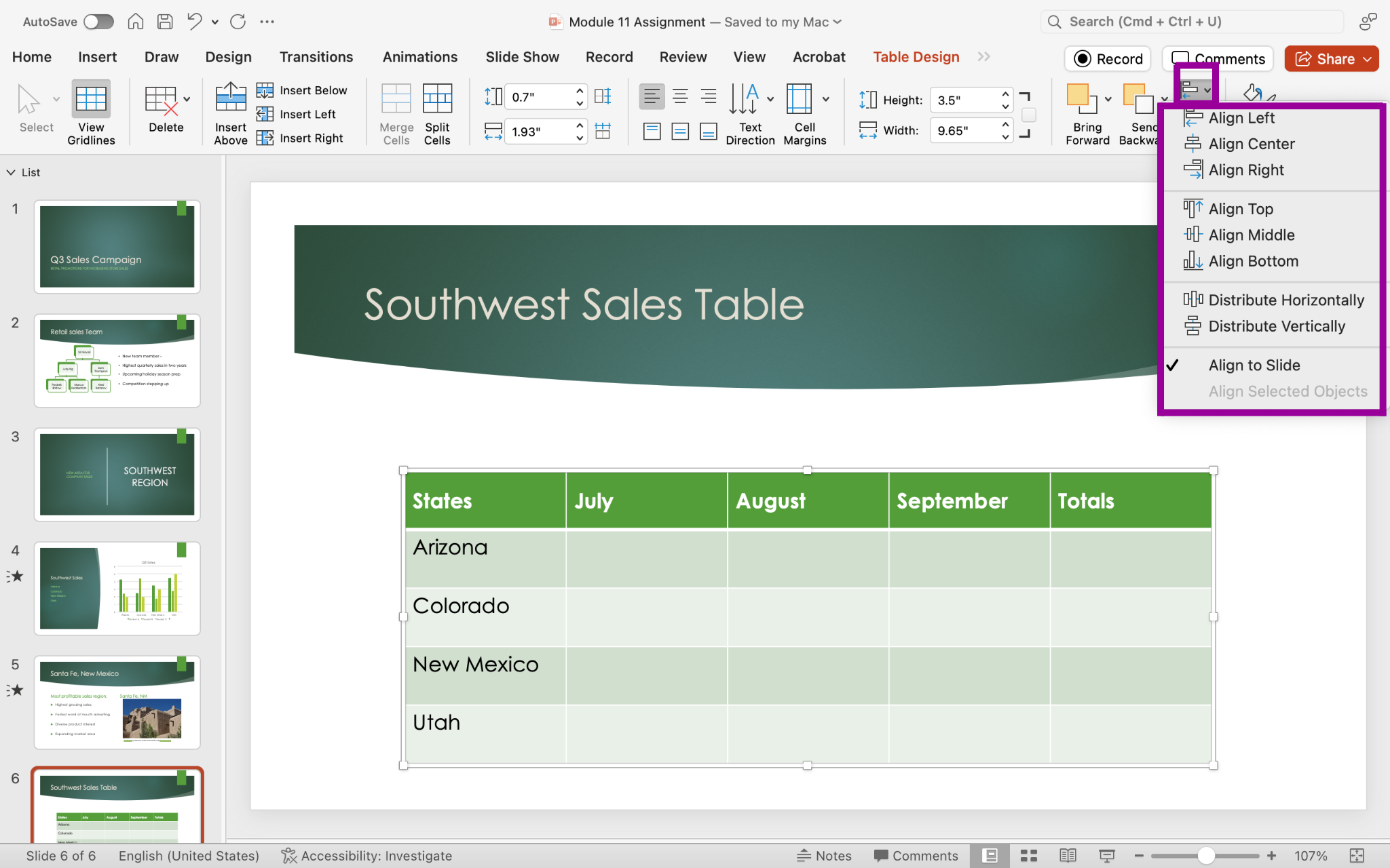 PowerPoint screenshot table Layout tab, Merge group, Arrange group options.