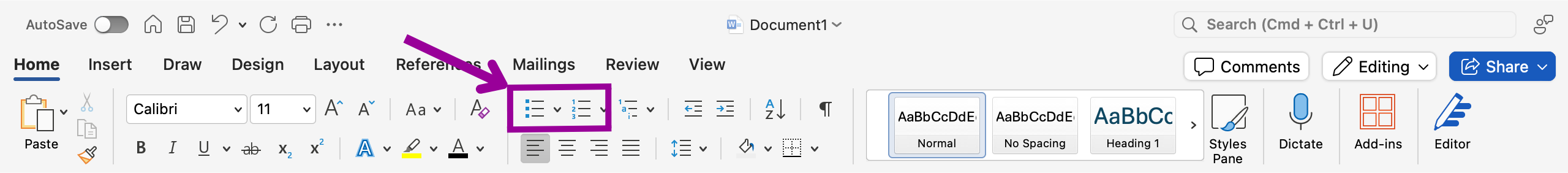 A microsoft word document is open displaying a zoom in on the ribbon section of the page. The home option has been selected and on this page a magenta box is highlighting two separate parts. On the left side of the box is the bulleted list feature and on the right is the numbered list option.