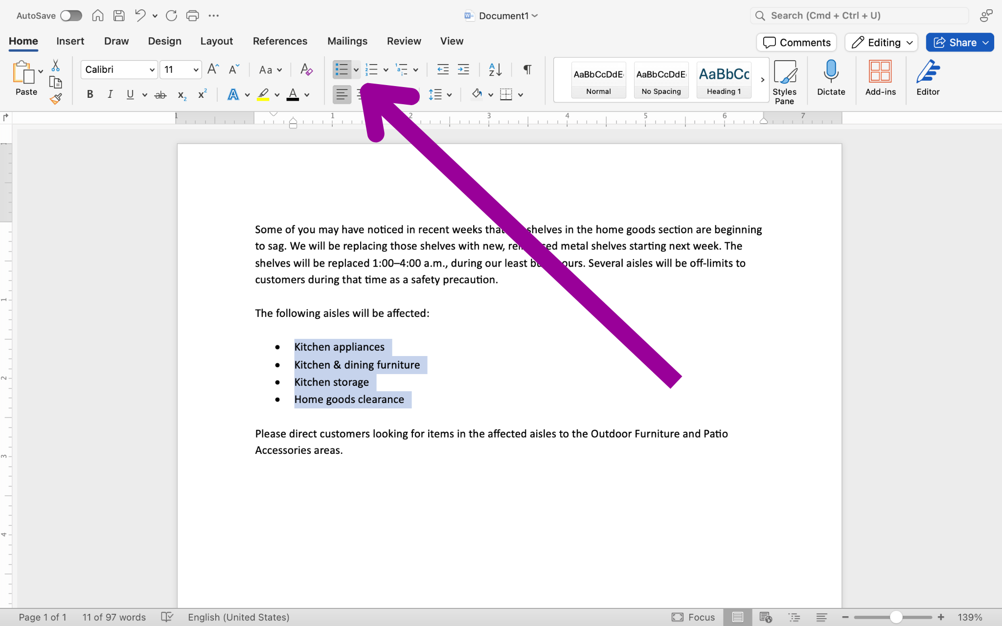 A microsoft word document is open with a section of text on it. A magenta arrow is pointing at the bulleted list menu.