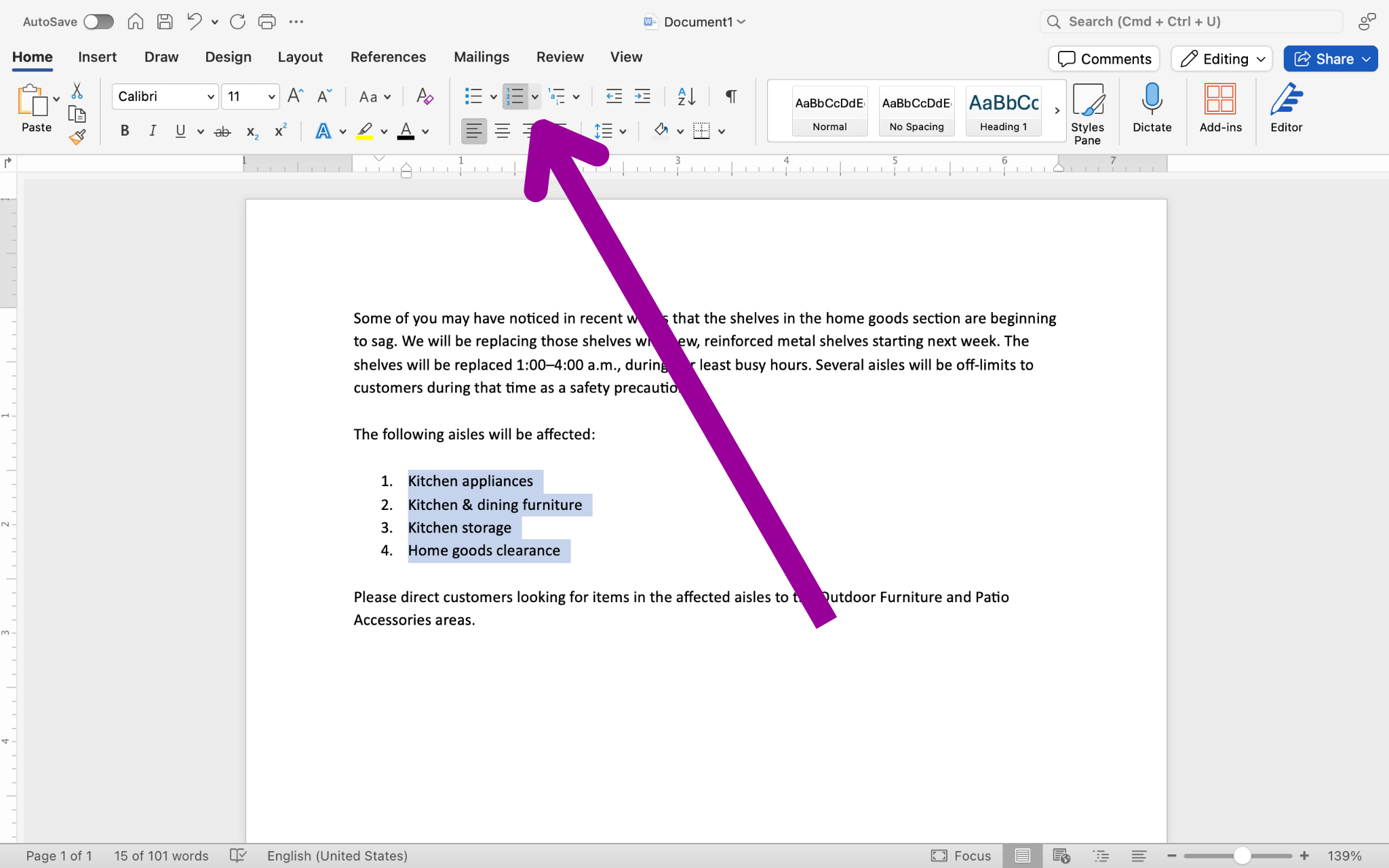 A microsoft word document is open with a section of text on it. A magenta arrow is pointing at the numbered list menu.