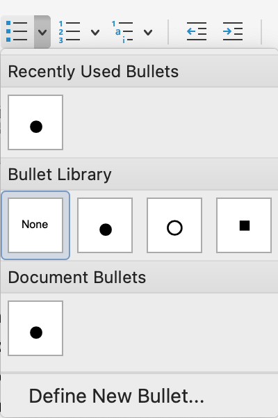 Multiple bullet list options are listed in the recently used bullets menu.