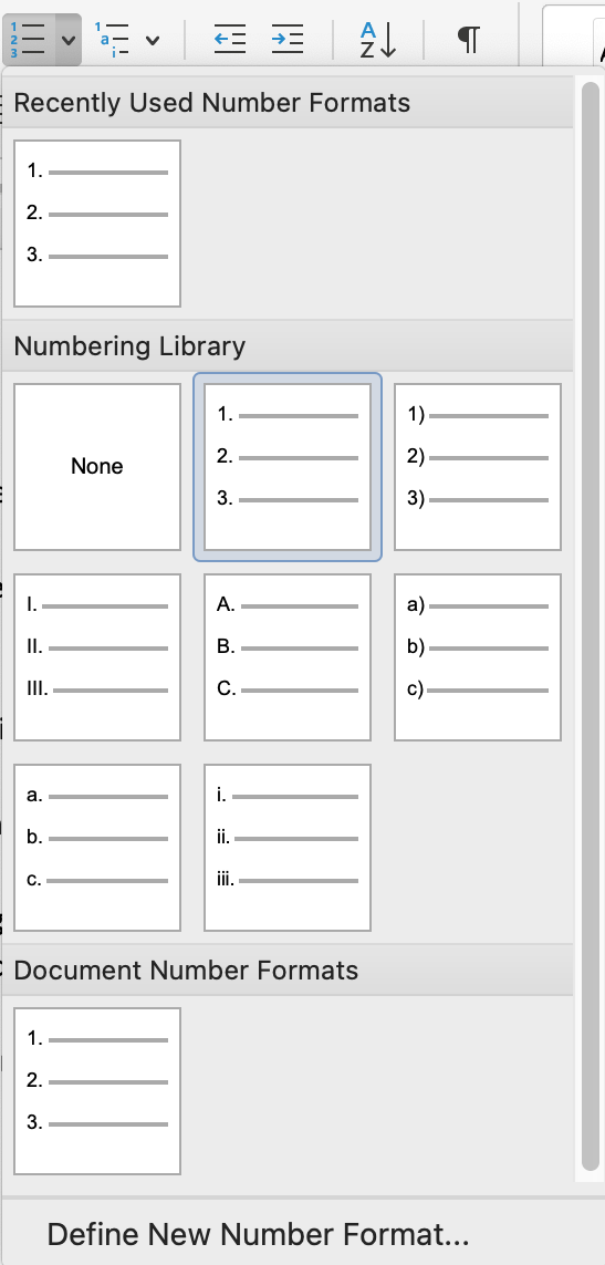 Numbered format list options are listed in the recently used number formats menu.