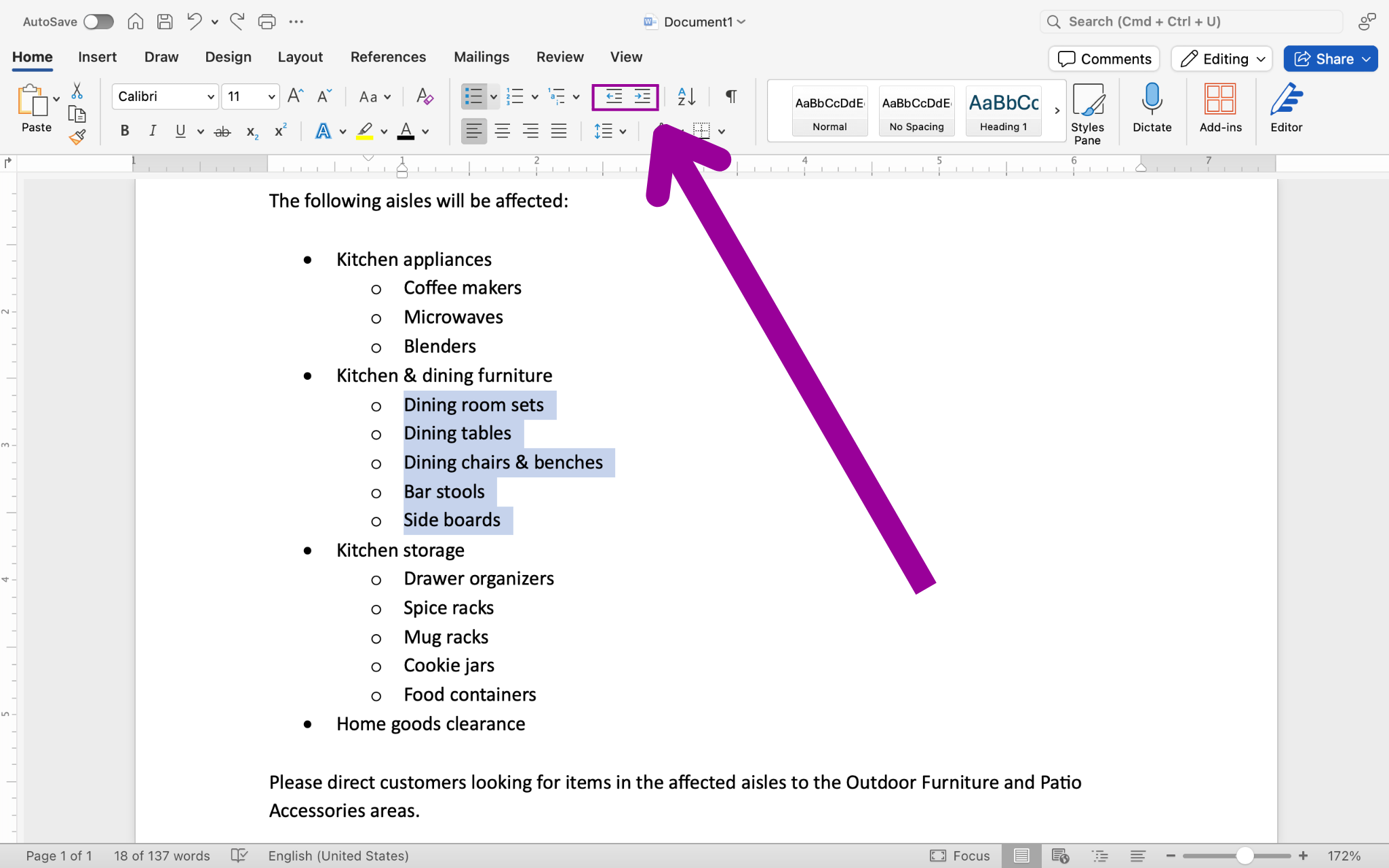 A microsoft word document is open with a section of text on it. A magenta arrow is pointing at the change list level menu.