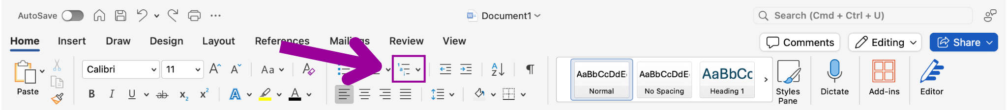 A microsoft word document is open displaying a zoom in on the ribbon section of the page. The home option has been selected and on this page a magenta arrow is highlighting where the list level options menu is.