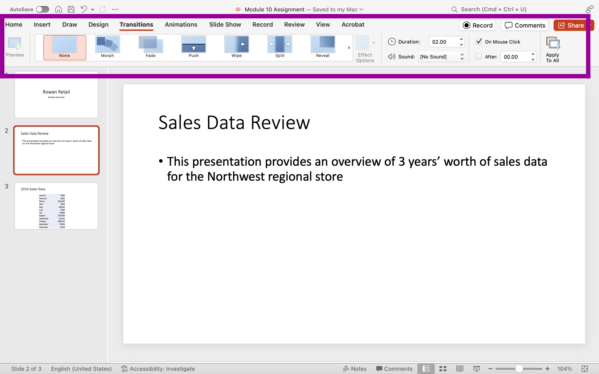 A Microsoft Powerpoint deck is open with 3 slides created. A large magenta box highlights the transitions tab in the ribbon menu.