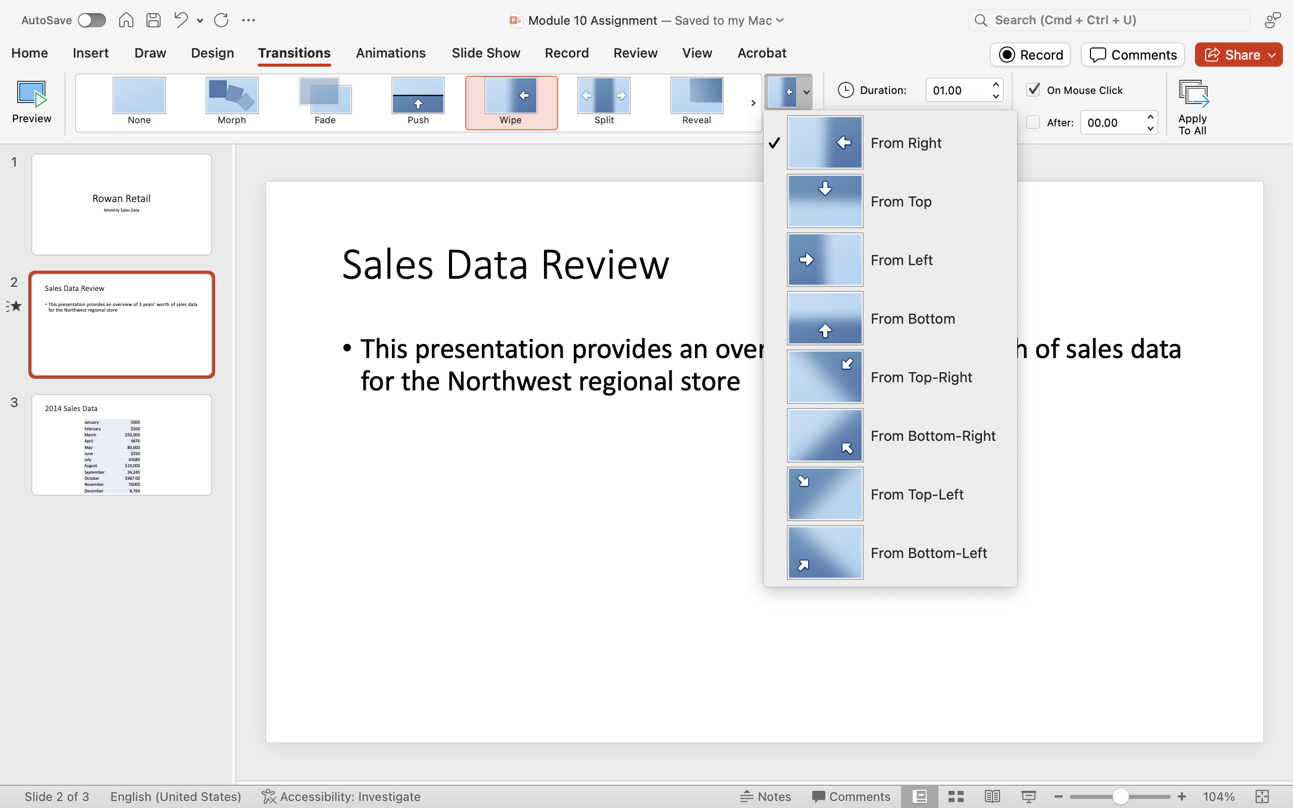 A Microsoft Powerpoint deck is open with 3 slides created. A dropdown menu from the effect options in the transitions tab on the ribbon menu has appeared.