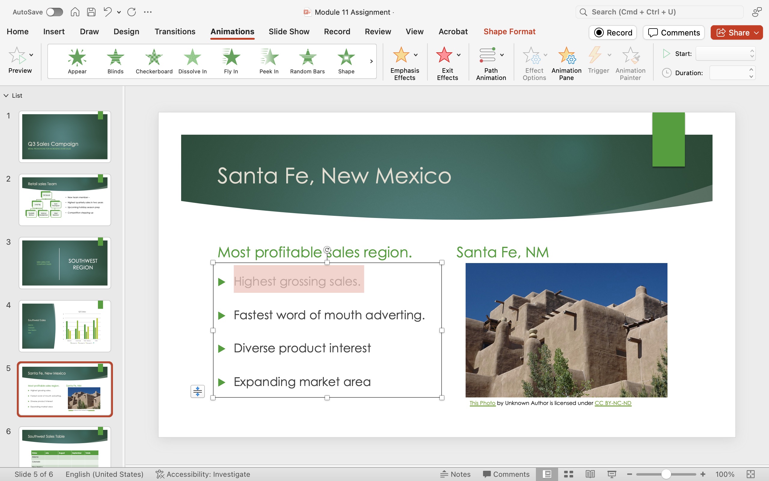 PowerPoint presentation screenshot highlighting sentence in list and choices for animation of the text.