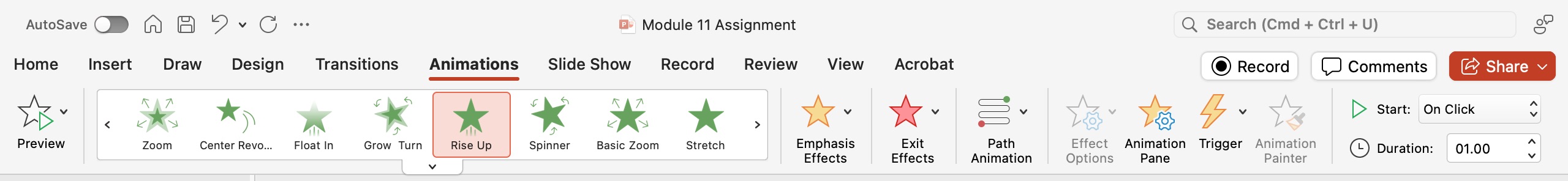 PowerPoint presentation screenshot highlighting choices for animation in the Animations tab.