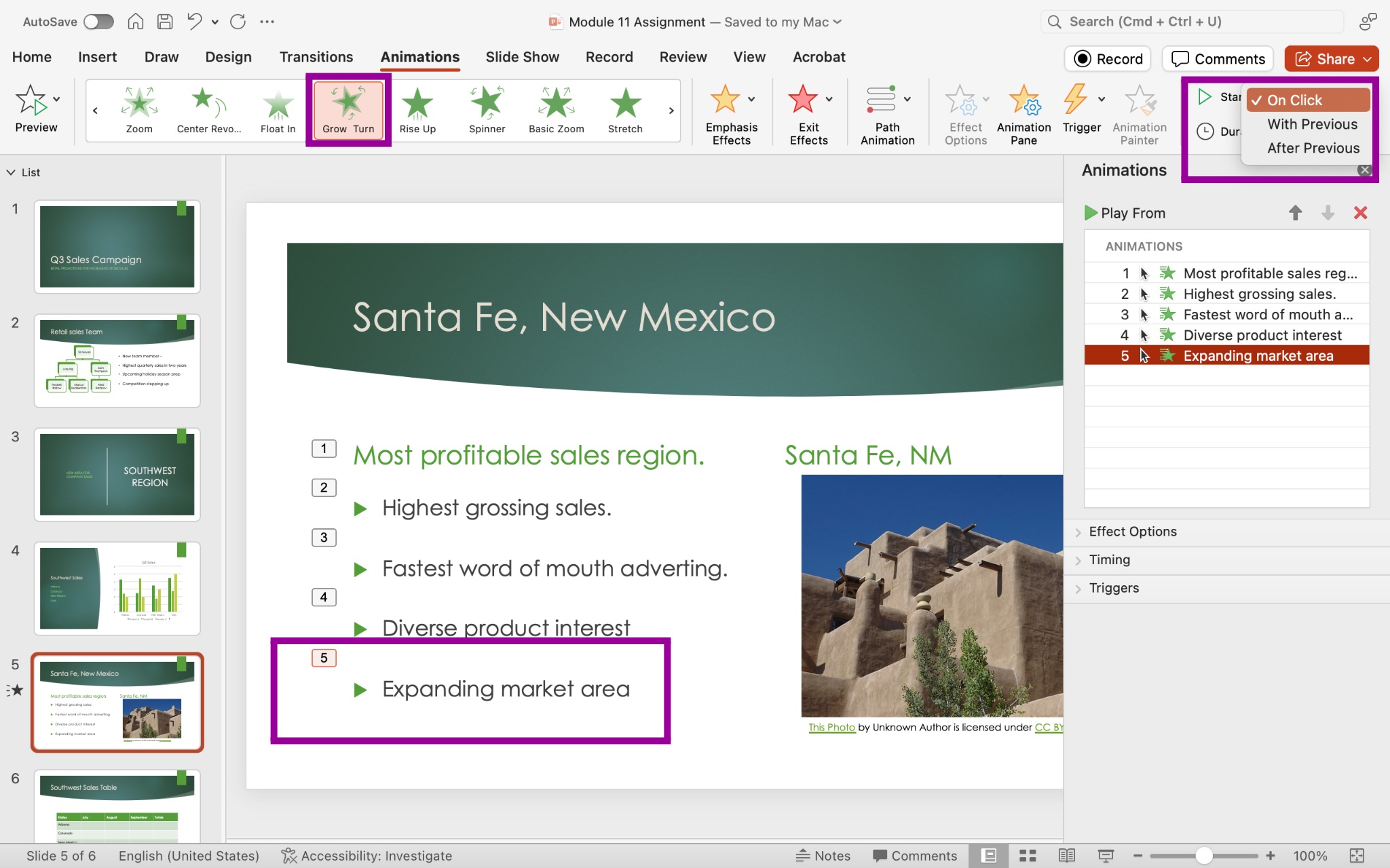 PowerPoint presentation screenshot highlighting the Glow and Turn animation for selected text.