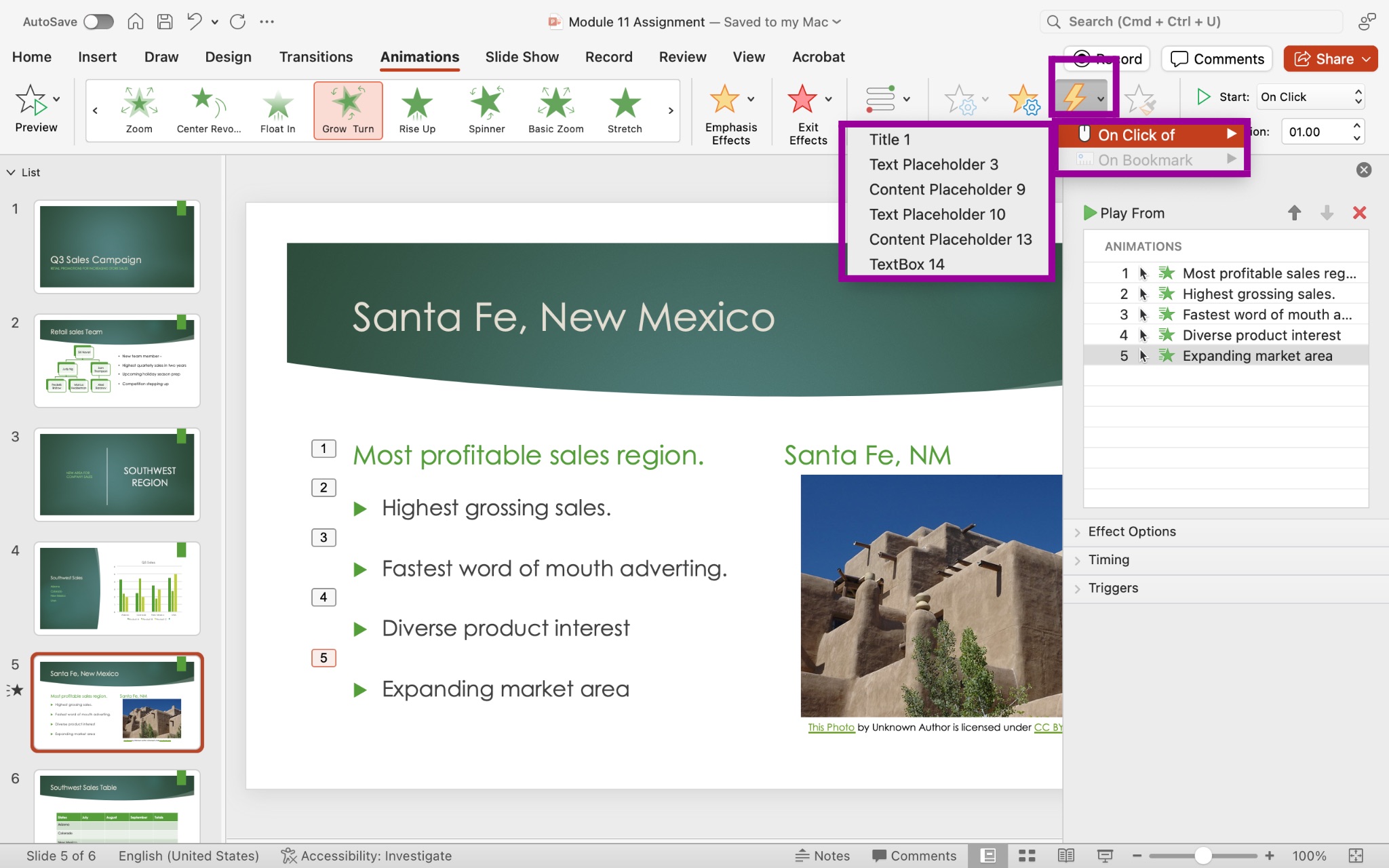 PowerPoint presentation screenshot showing trigger button options for animations.