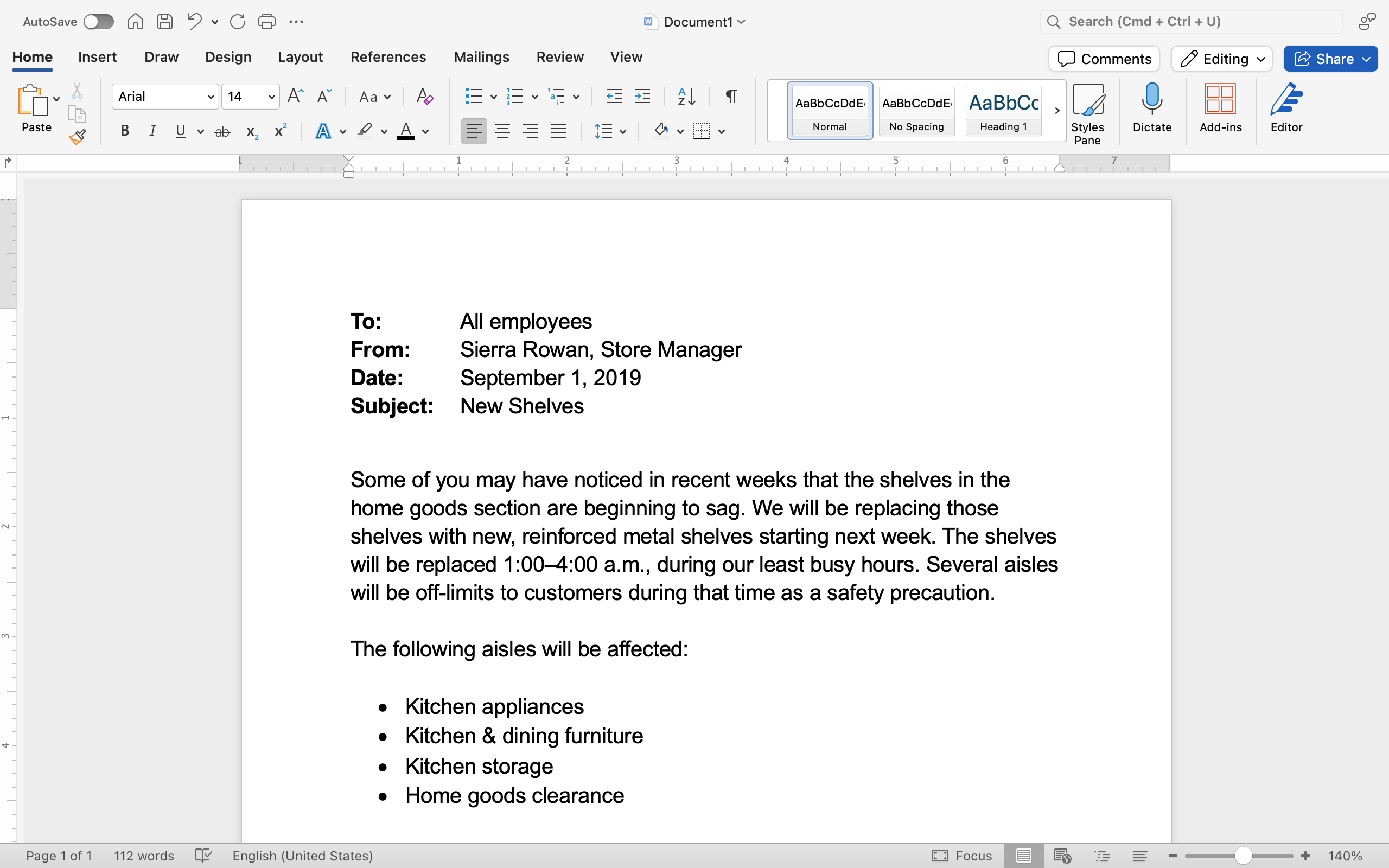 A Microsoft Word document is open with a memo written on it. A bulleted list showing the affect of this memo is displayed.