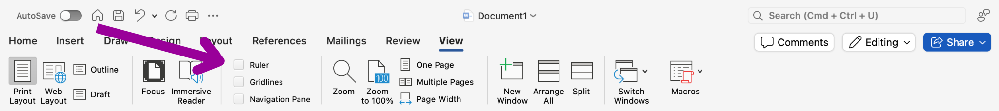 A magenta arrow is pointing towards the ruler check box in the view tab in the ribbon.