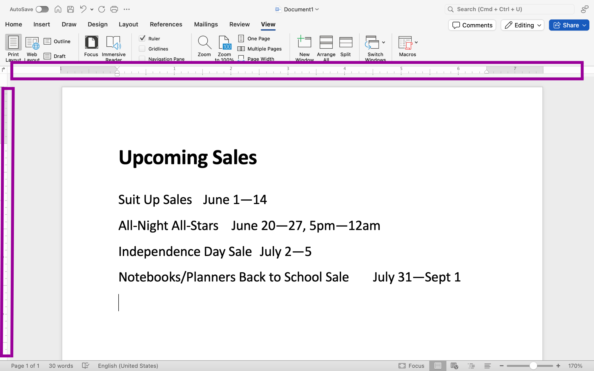 After selecting the ruler from the view tab you are now able to control how the page is laid out. Two magenta boxes surround the vertical adjust and the horizontal adjust options. The rulers display the width of the page in inches. The shaded-in gray spaces on the ruler represent the margins. This screenshot shows margins of one inch.