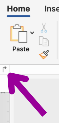 A magenta arrow pointing towards the left tab option on the ribbon.