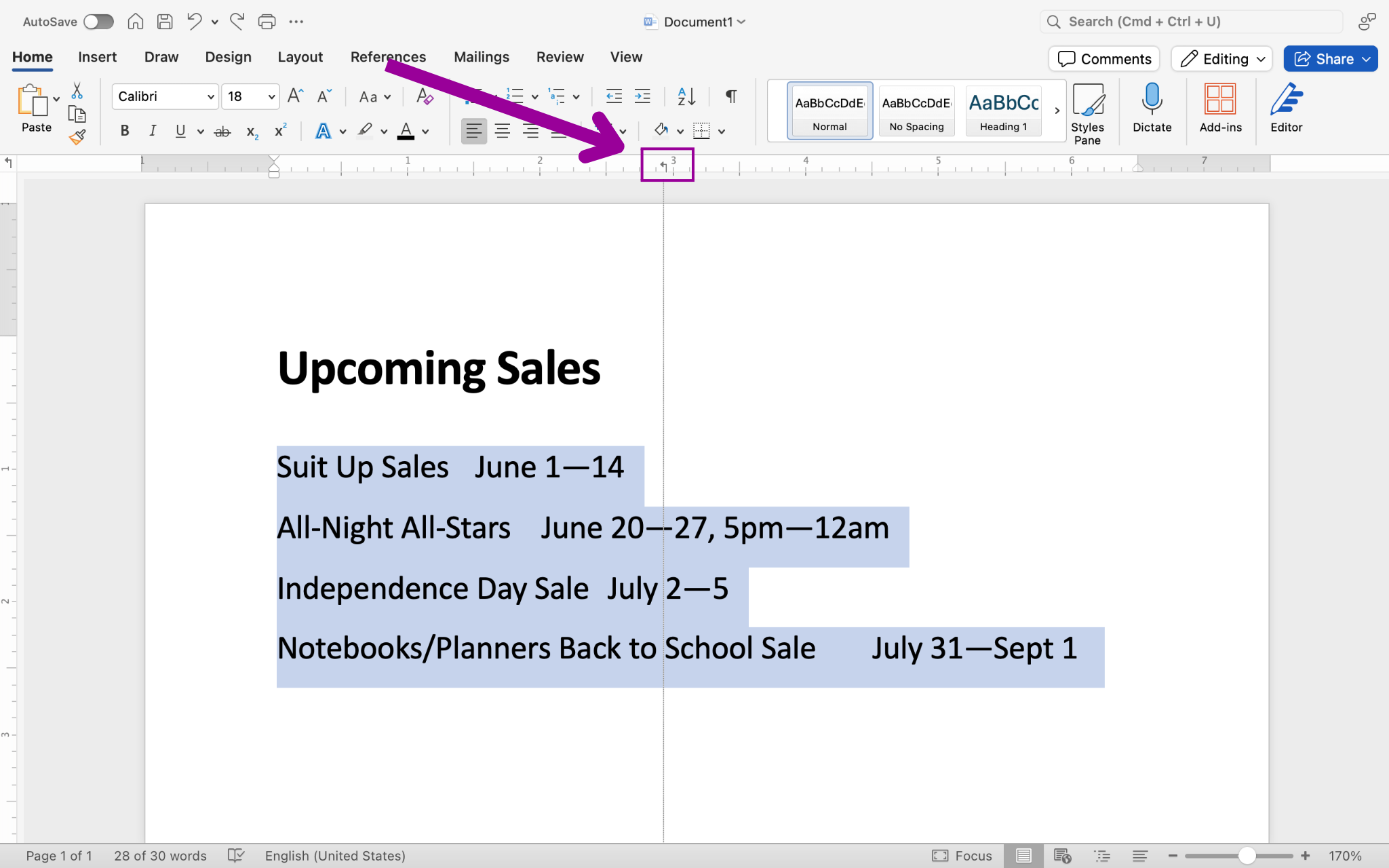 A word document with text on it. A magenta arrow is pointing to the direction of where the right tab option is in the ribbon menu.