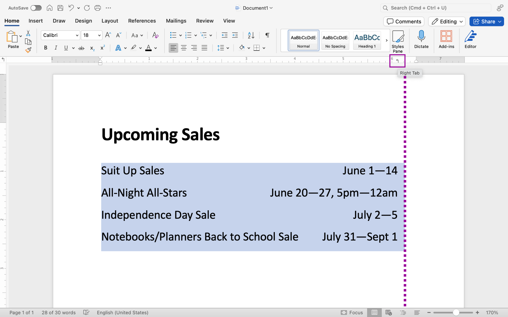 A word document with text on it. A magenta square is pointing to where the right tab option is in the ribbon menu. A magenta arrow is also shown displaying the adjustment of the right tab, moving from left to right.