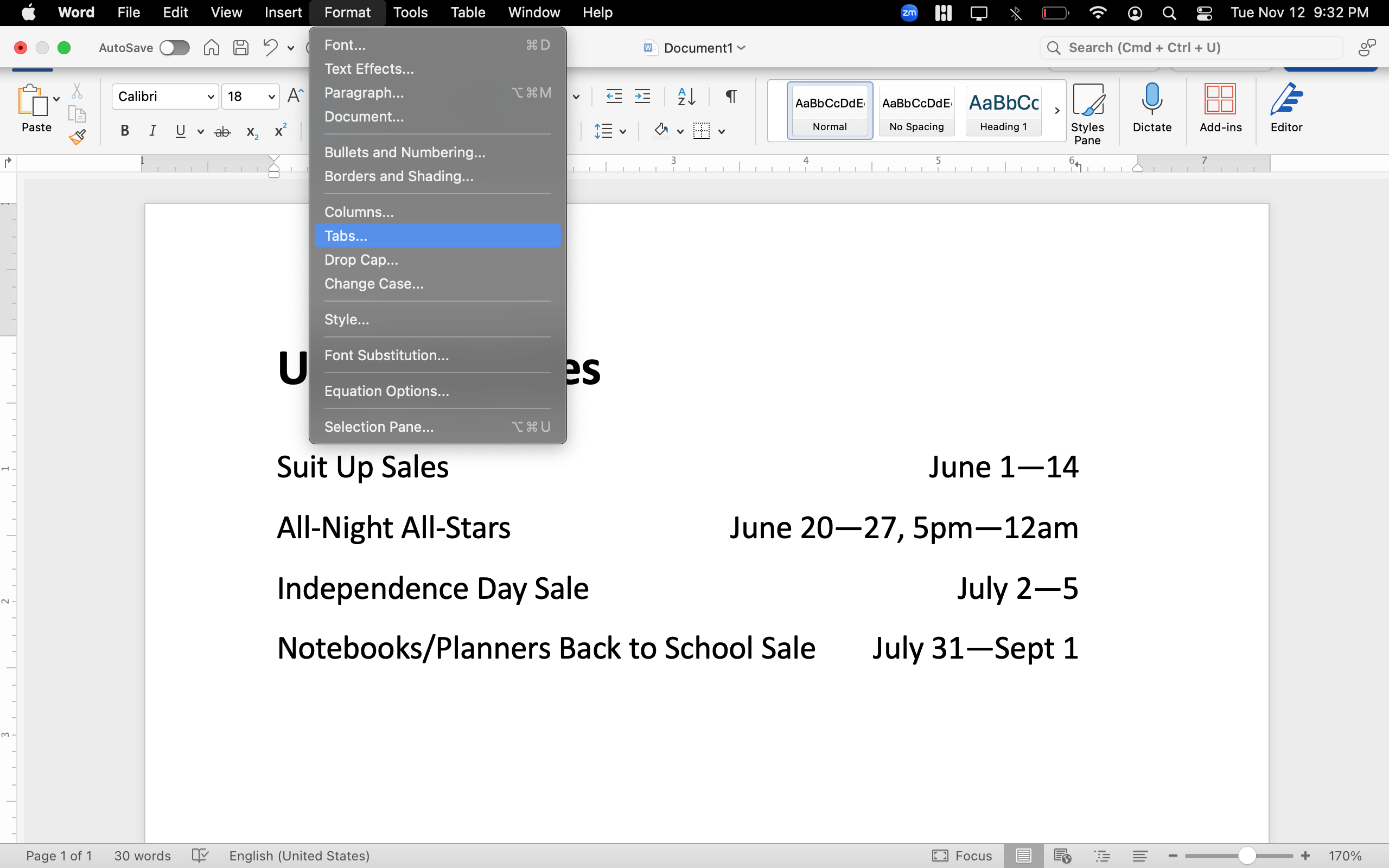 The ribbon menu is zoomed in on in a Microsoft Word document. It is on the home tab and there is a drop down menu of the Format option to show where to open the dialog box.