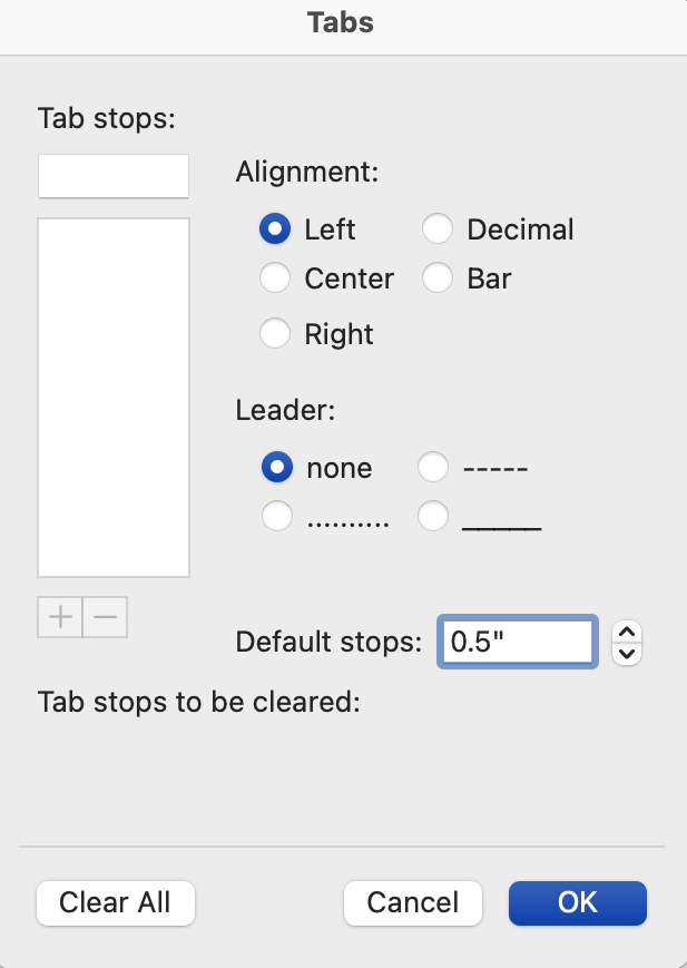 A tab dialog box with features on how to adjust tabs.
