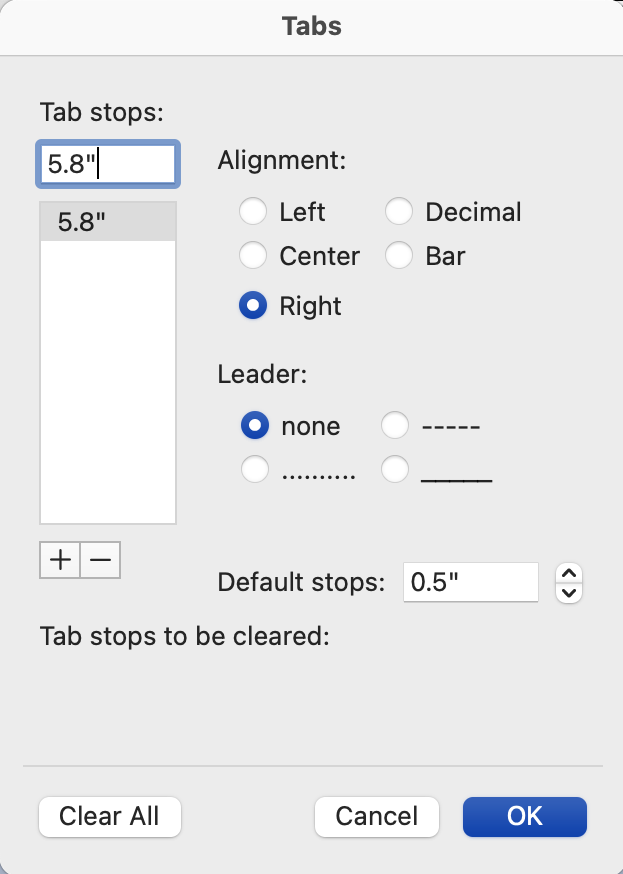 A tab dialog box is open with several options selected. The "Tab Stop Position" is 5.8 the "Default Tab Stops" is at 0.5". The alignment is to the right and the leader is 1.