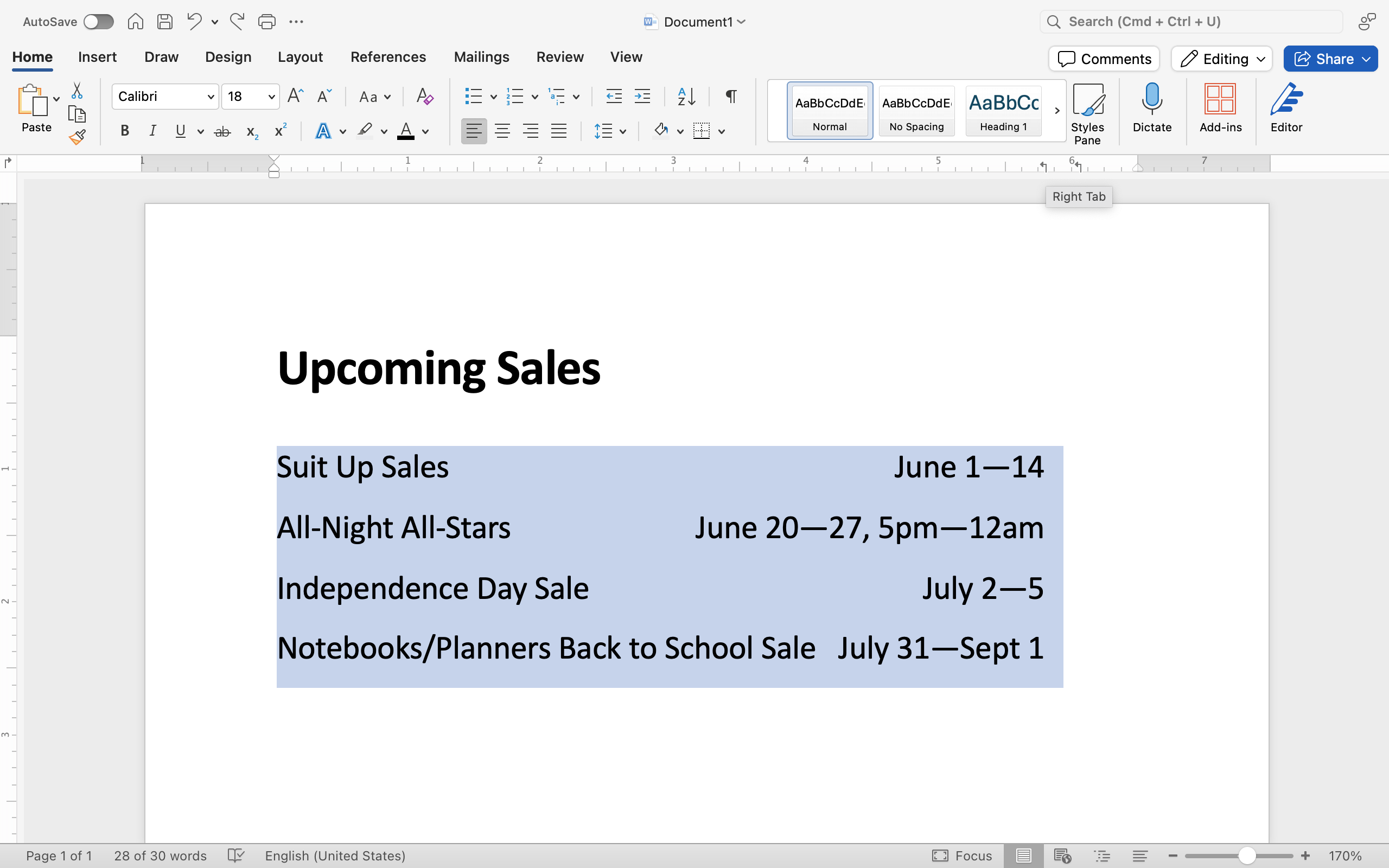 A Microsoft Word document is open with text on it. The text has been highlighted in gray to show what updating the tab does.