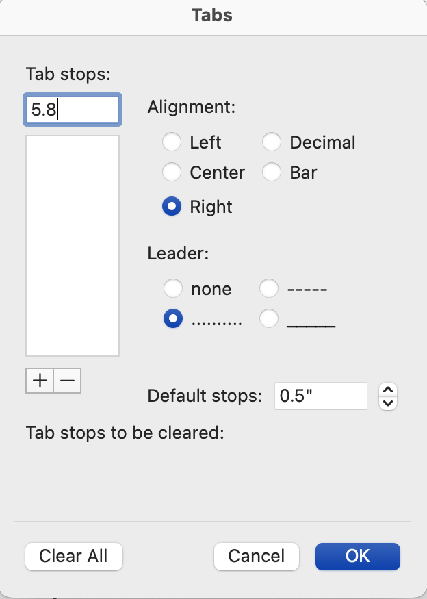 A tab dialog box is open with several options selected. The "Tab Stop Position" is 5.8" the "Default Tab Stops" is at 0.5". The alignment is to the right and the leader is 2.