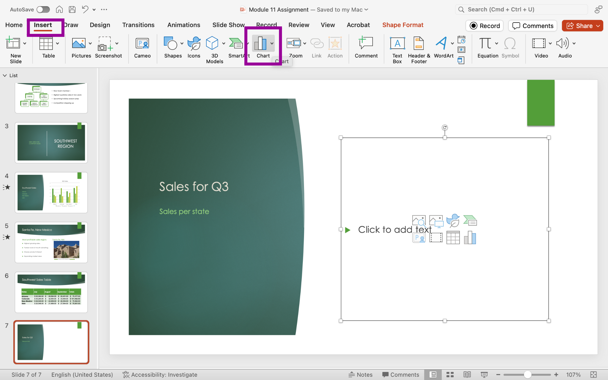 PowerPoint presentation screenshot showing how to insert a chart from Insert tab.