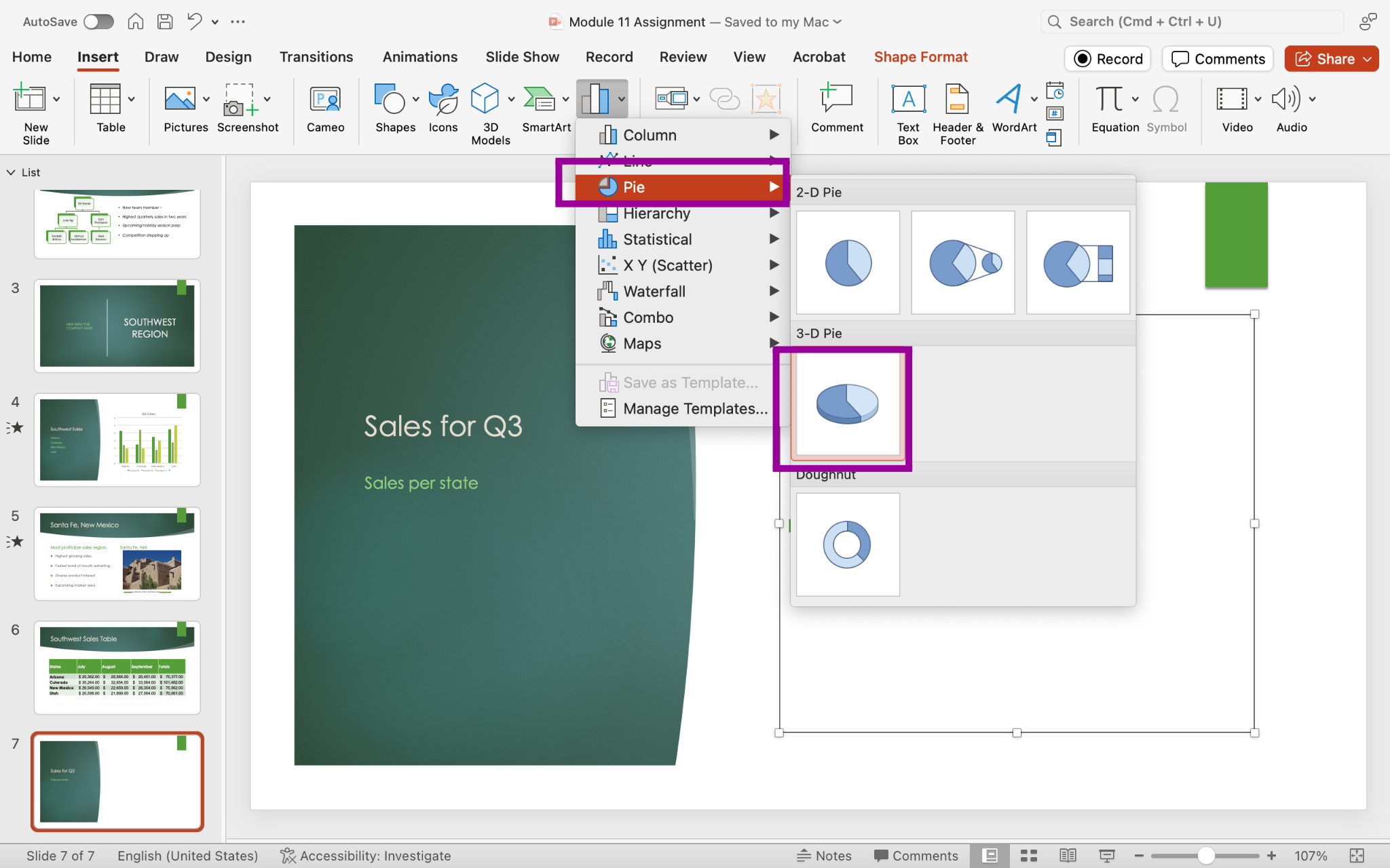 PowerPoint presentation screenshot of chart types with pie chart selected.