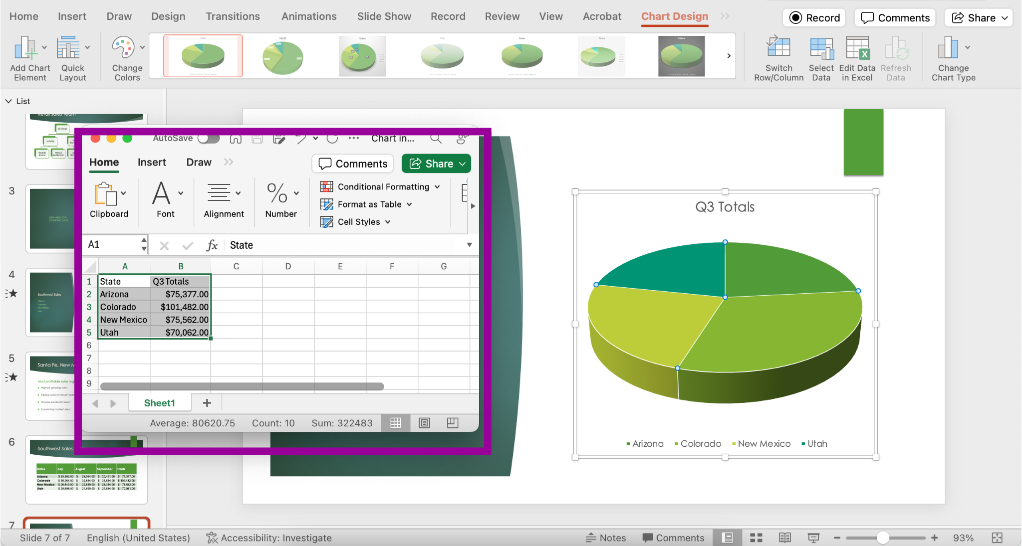 PowerPoint presentation screenshot of pie chart with small spreadsheet window with data entry done.