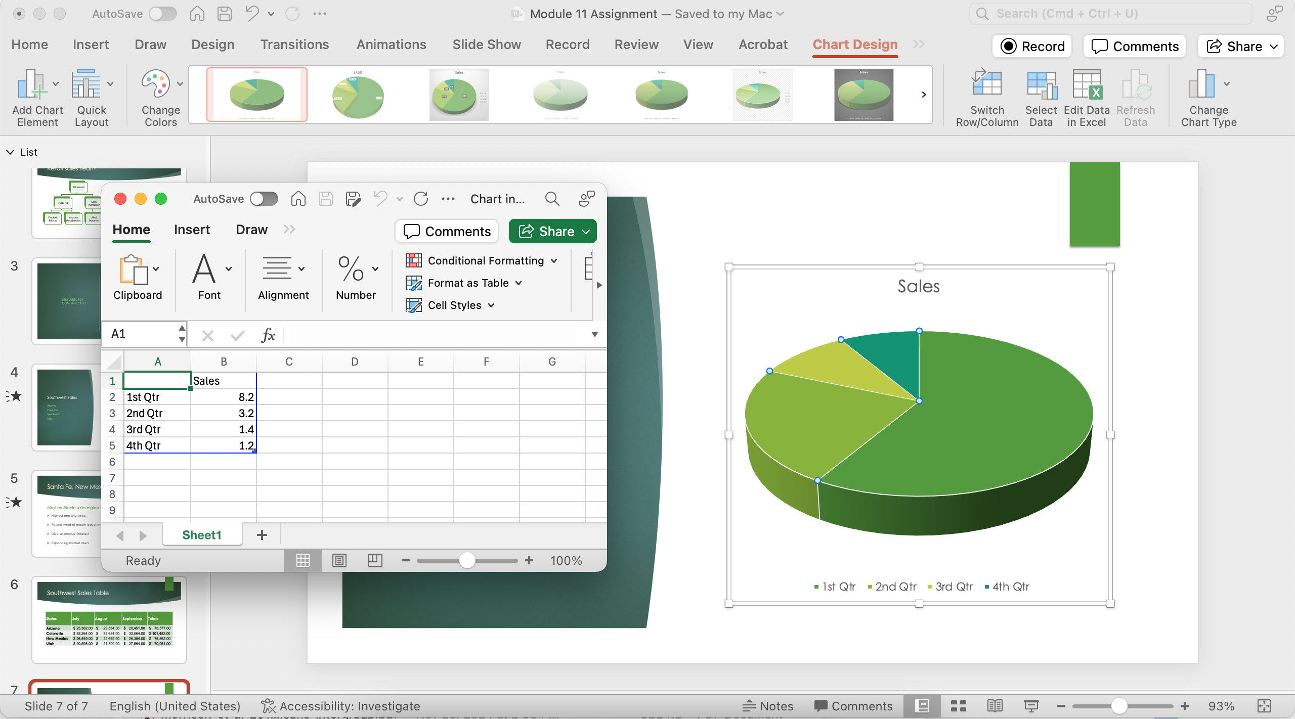 PowerPoint presentation screenshot of pie chart with small spreadsheet window open ready for data entry.