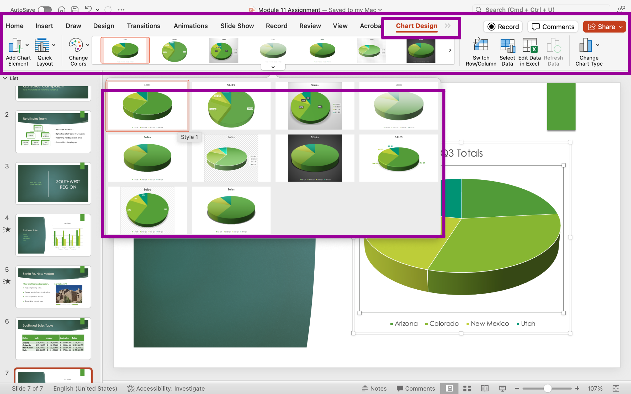 PowerPoint presentation screenshot of pie chart and modification buttons to the right to change style and color of chart.