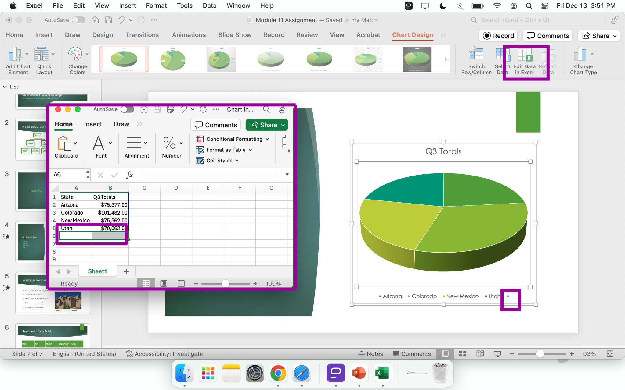 PowerPoint presentation screenshot of pie chart with small spreadsheet window open to correct extra data row.