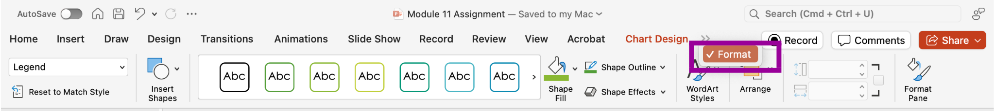 PowerPoint presentation screenshot of Format tab ribbon options open to modify a chart.