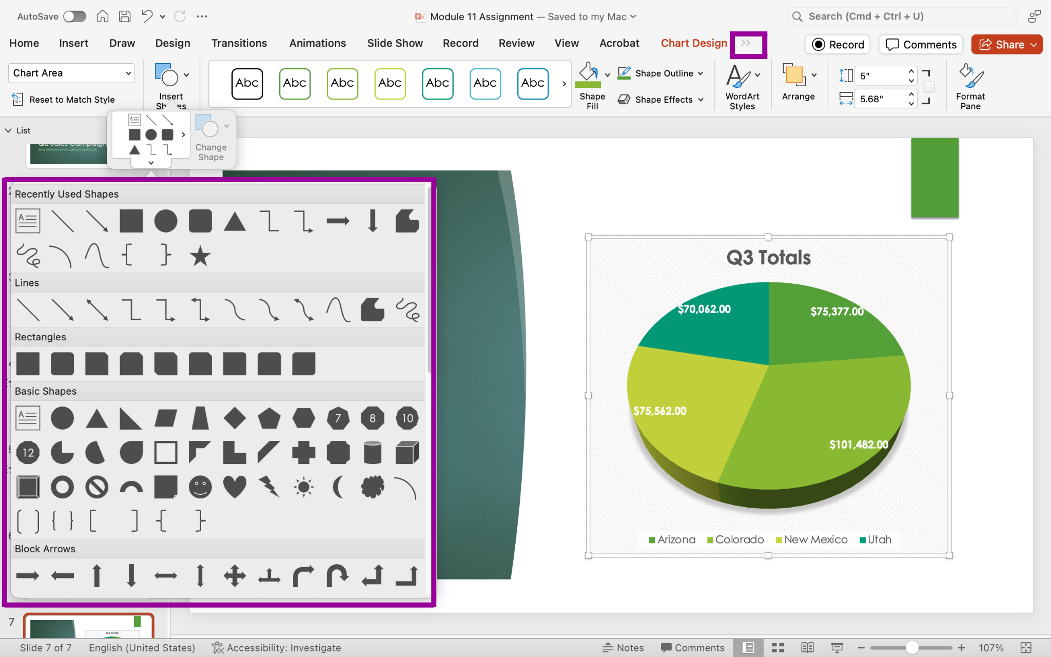 PowerPoint presentation screenshot of Format tab, insert shapes menu.