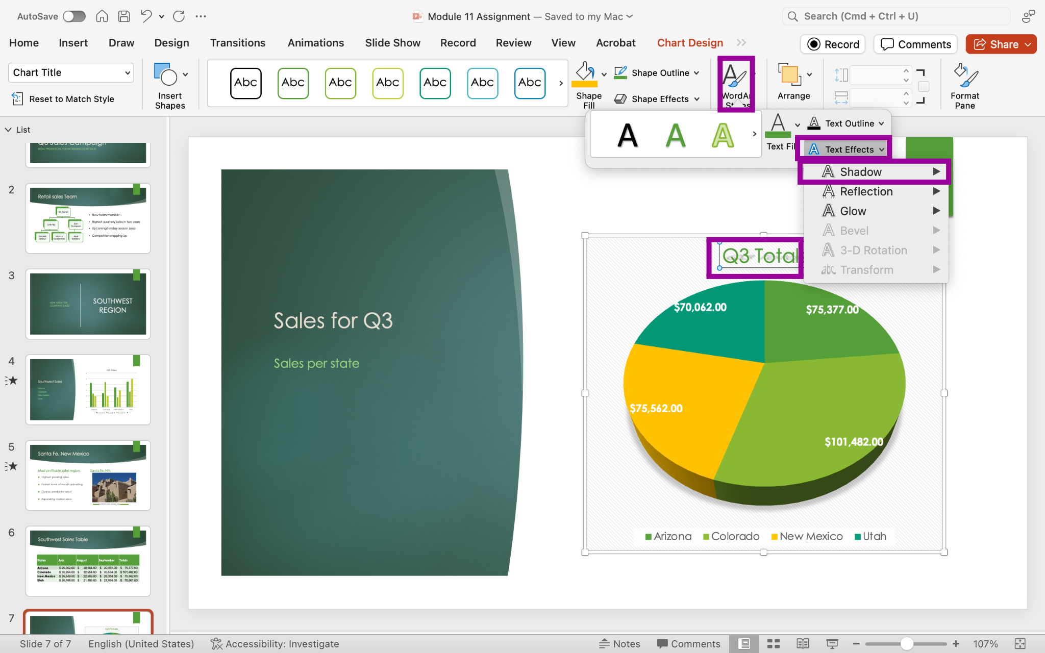 PowerPoint presentation screenshot of Format tab, WordArt text effects options menu.