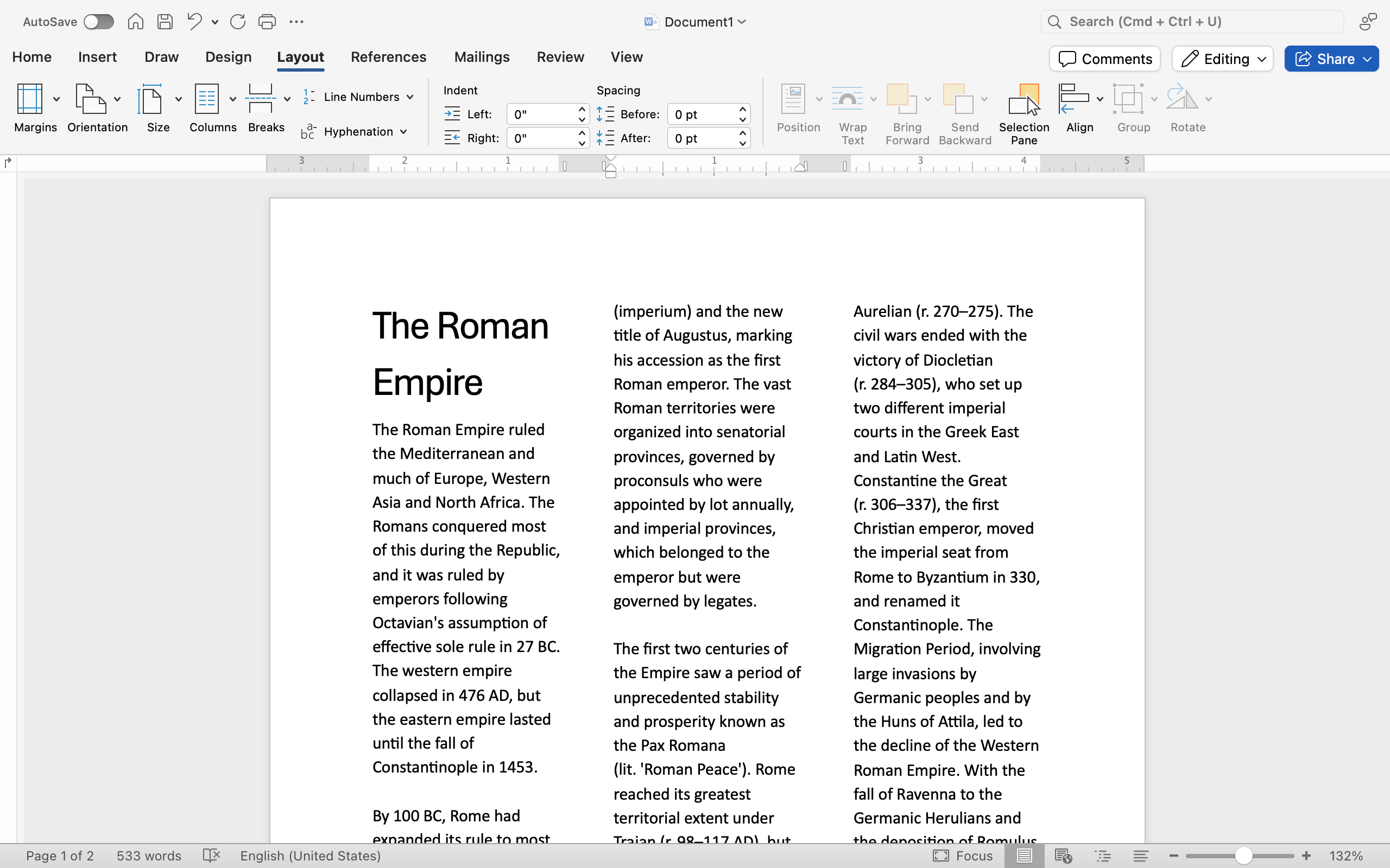 A Microsoft Word document is open with text on it. The text is displayed in three separate columns.