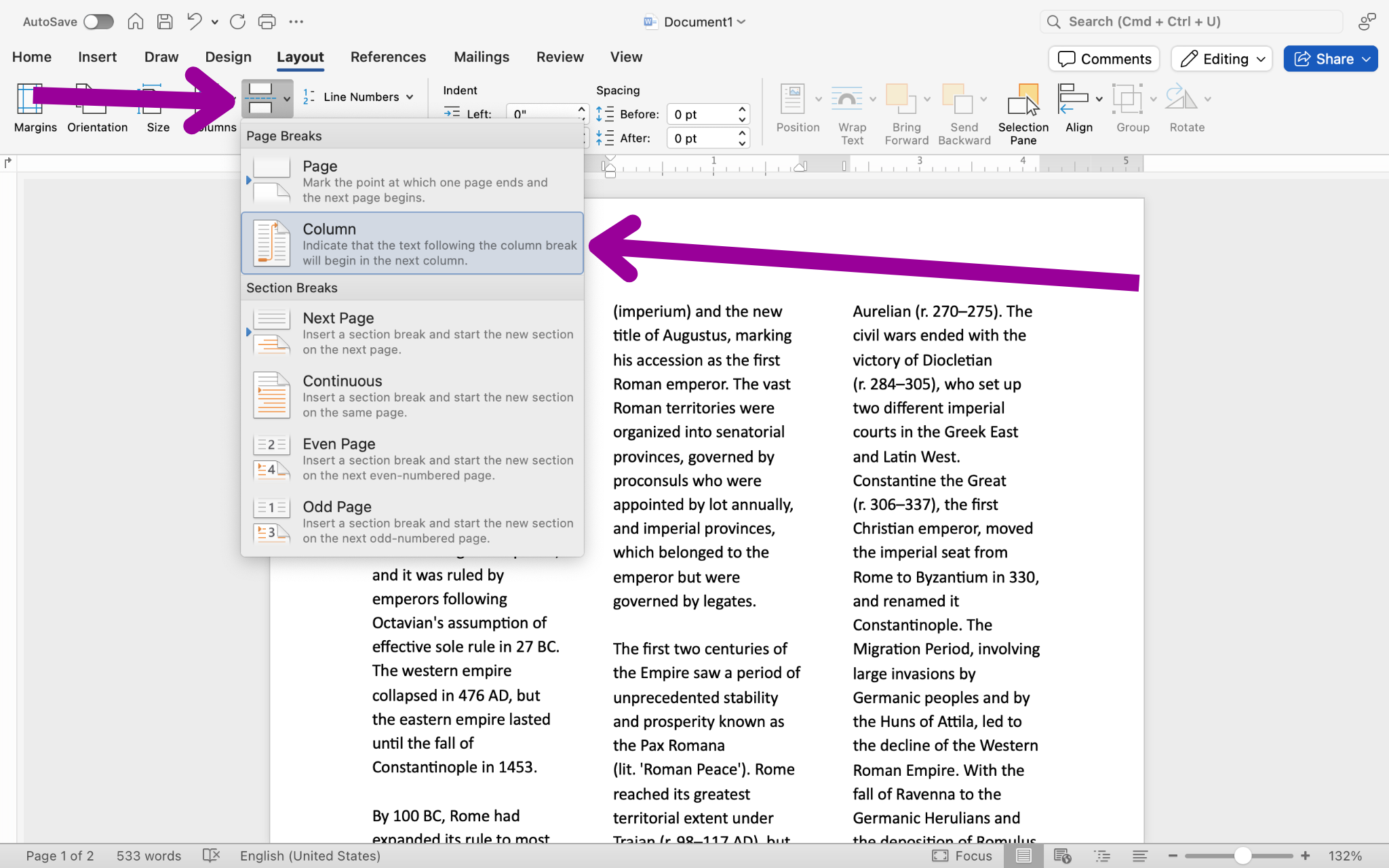 A Microsoft Word document is open with text on it. A small magenta arrow is pointing at the "breaks" option in the ribbon menu. The dropdown for the "breaks" menu has been opened revealing six new options. A larger magenta arrow is pointing at the columns button on the list from the dropdown menu.