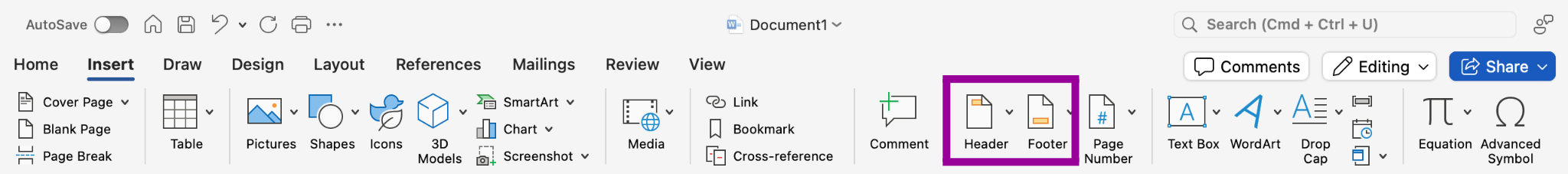 A Microsoft Word document that has been zoomed in on the ribbon. A magenta box surrounds the header and footer feature.
