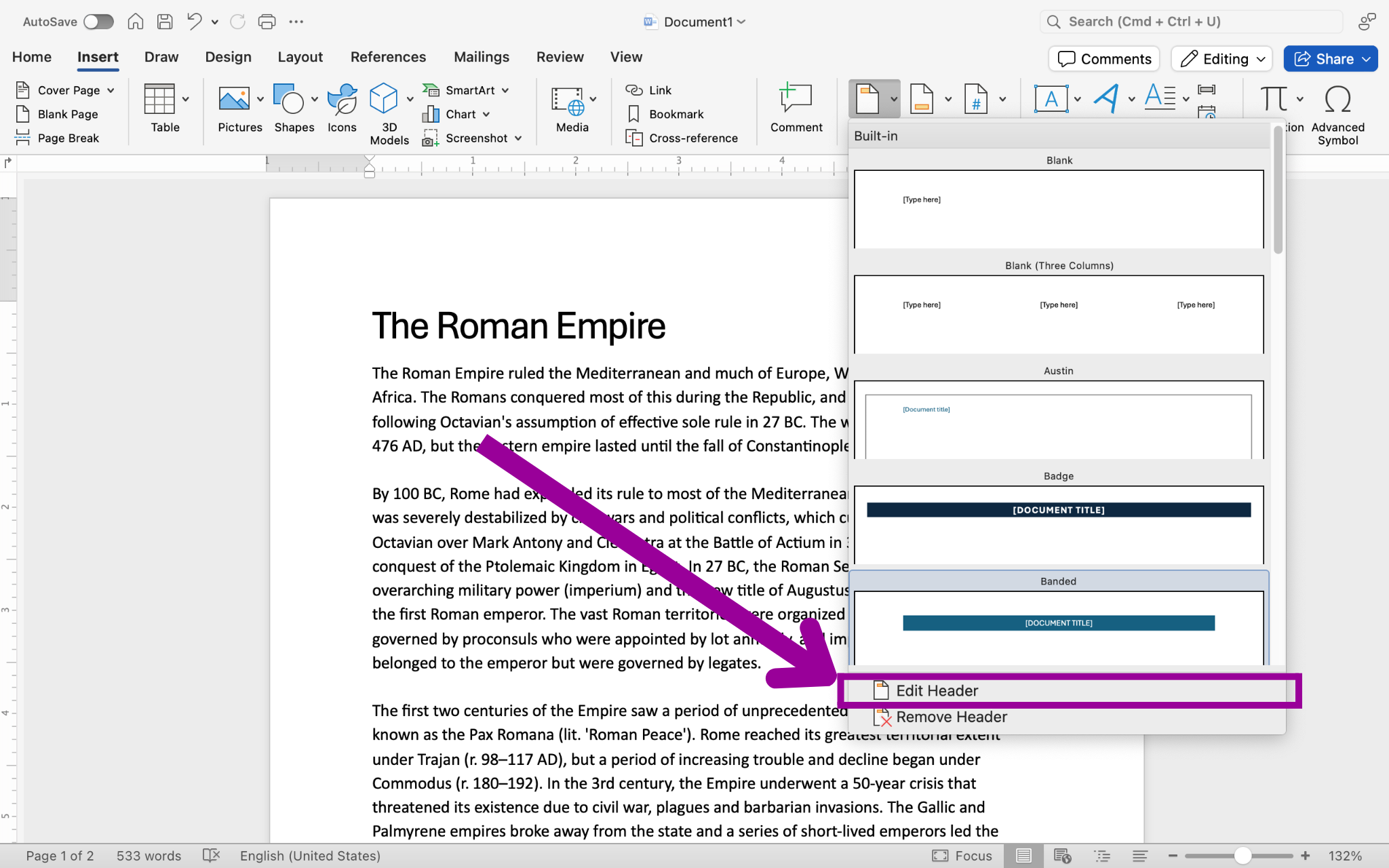 A Microsoft Word document is open with text on it. The header dropdown menu has been opened, displaying a new section. There is a large magenta arrow pointing towards a magenta box, inside of that box is the "edit header" option.