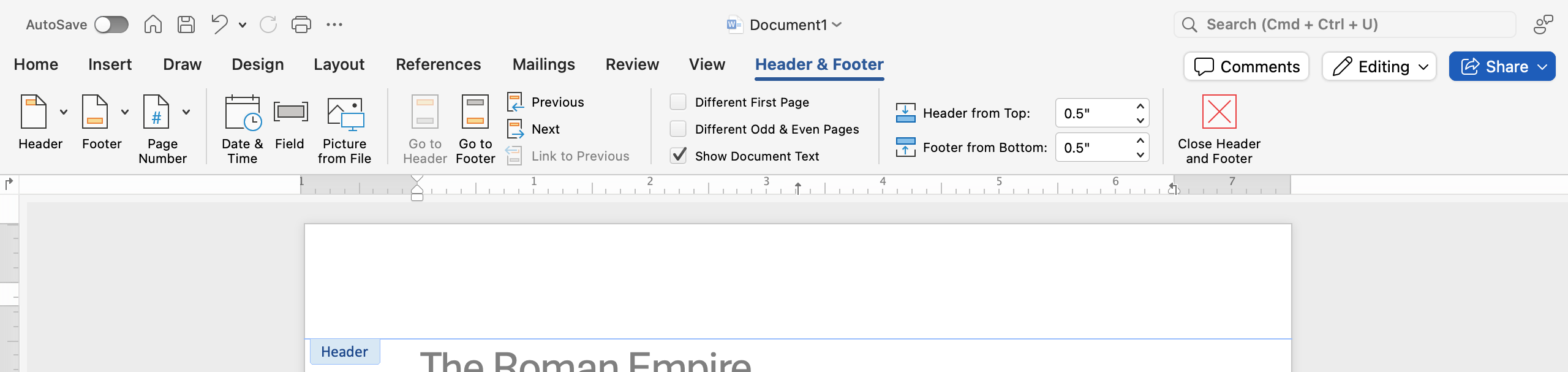 A Microsoft Word document is open with text on it. The display is showing that a header has been inserted.