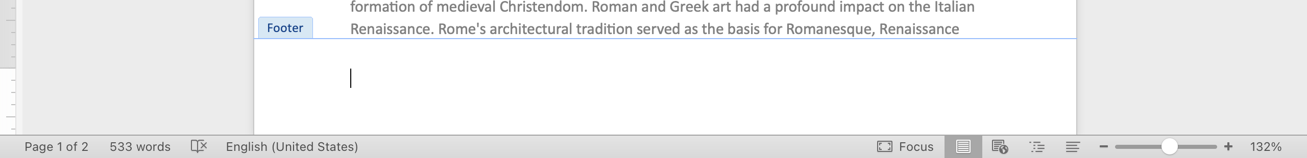 A Microsoft Word document is open with text on it. The display is showing that a footer has been inserted.