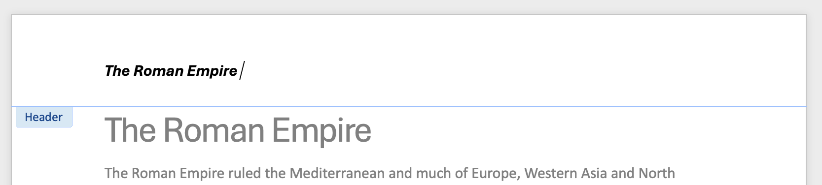 A textbox is open with a few sentences visible. The display is showing that a header has been inserted.