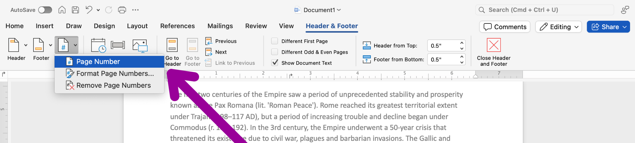 A Microsoft Word document is open with text on it. Under the design tab on the Ribbon menu a magenta arrow is pointing towards the page number feature which has opened a new dropdown menu. This menu lists all of the places where you can insert a page number.