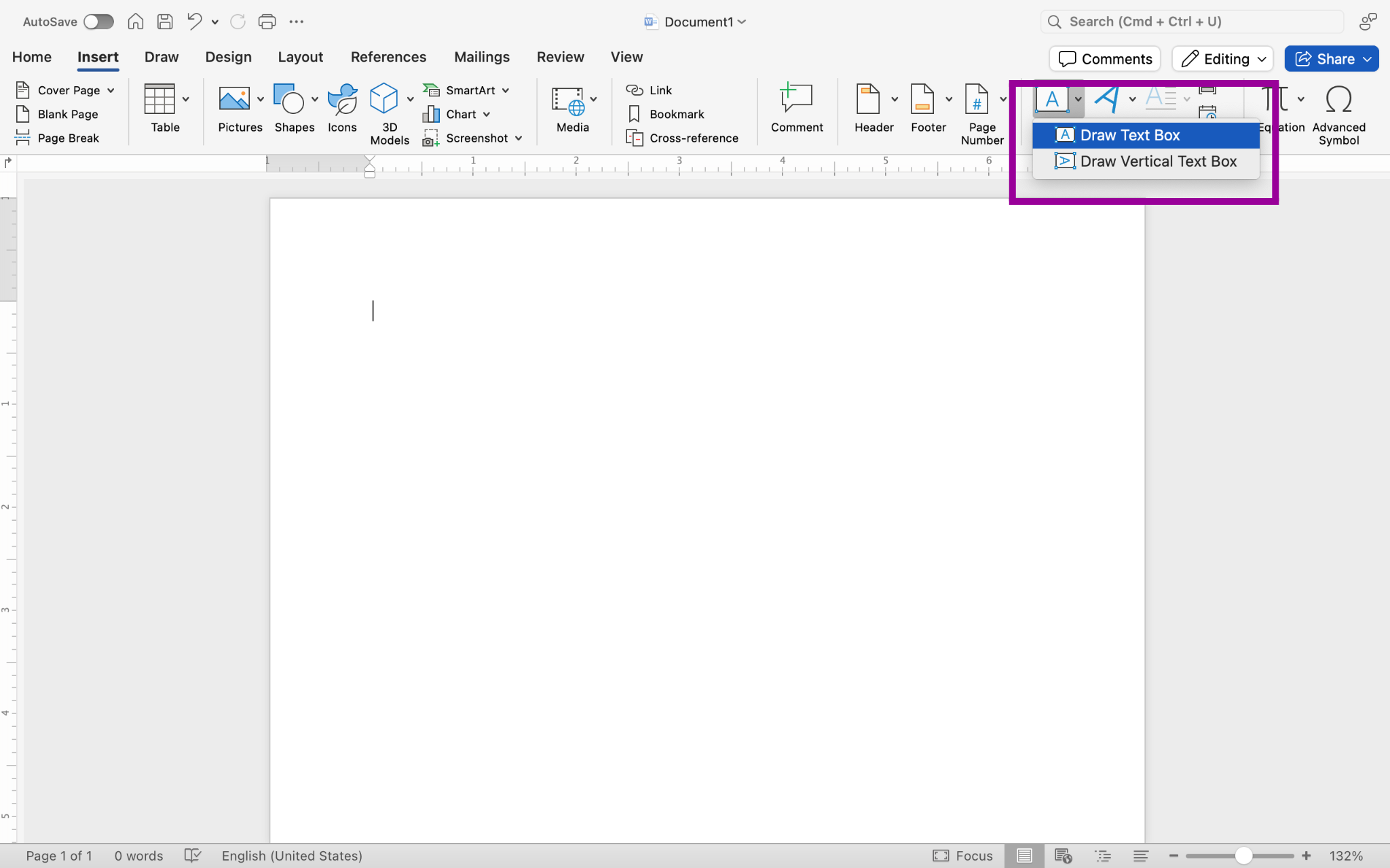 A blank Microsoft Word document is open. The ribbon menu is under the Insert tab. A magenta box surrounds the "Text Box," which has opened up revealing a drop down menu that highlights the "Draw Text Box" option. The other option reads "Draw Vertical Text Box."