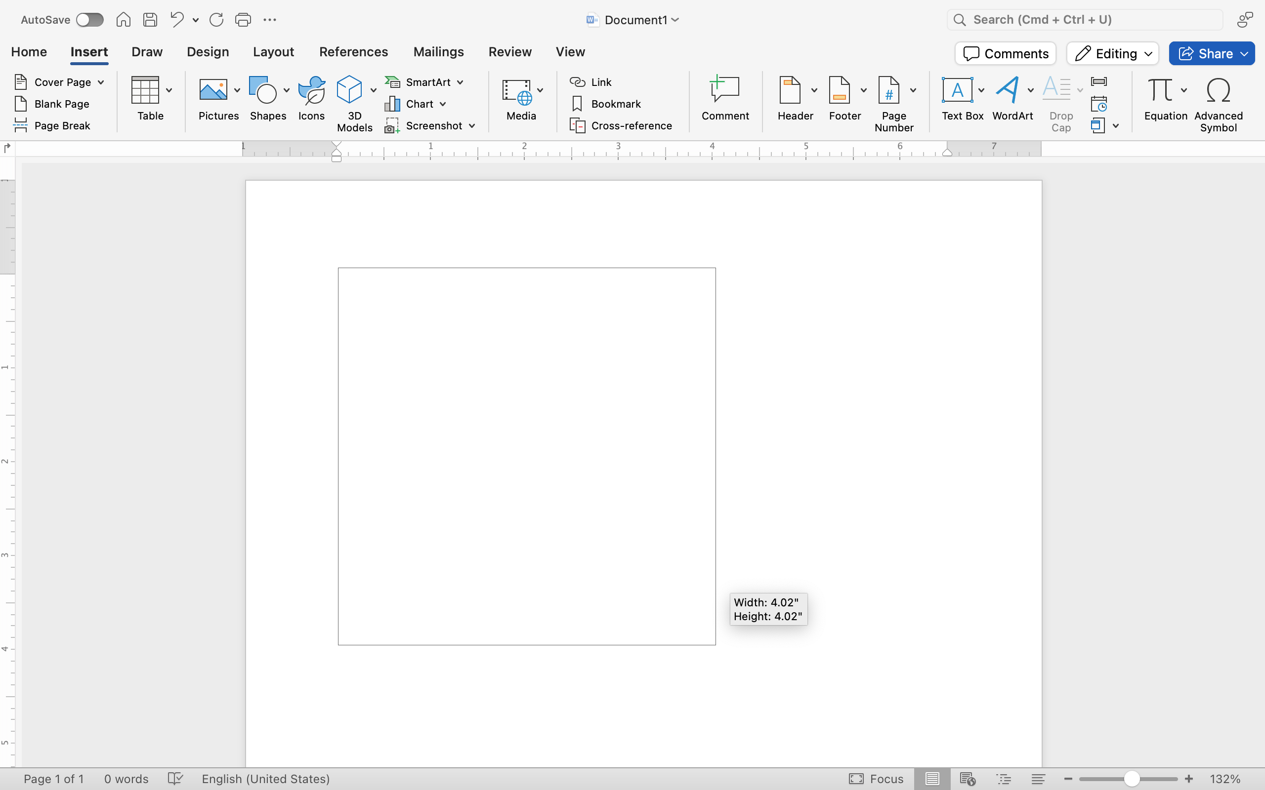 A blank Microsoft Word document is open. In the middle of the document a medium size text box has been drawn.