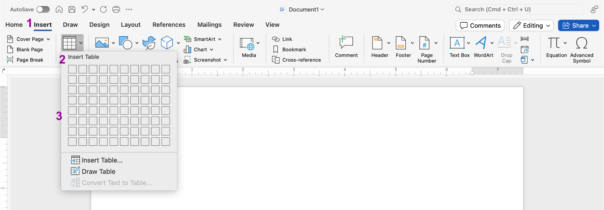 A blank Microsoft Word document is open. There are three magenta numbers on display. The first number indicates where the "Insert" button is located on the ribbon menu. The second number shows the "Table" option which has a dropdown menu. The third number comes from the dropdown menu from the table and allows you to select the height and width go your table.